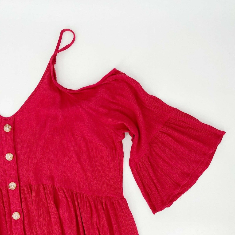Torrid Gauze Cold Shoulder Blouse Plus Sz 3X Red V-Neck Faux Button Up Bell Slv - Picture 2 of 7